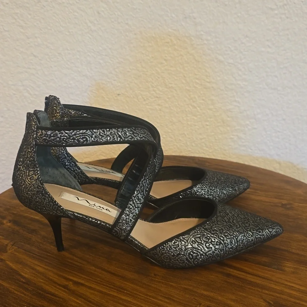 Nina New York |Black & Silver Jacquard Slip On Back Zip HEELS Fancy Elegant 8