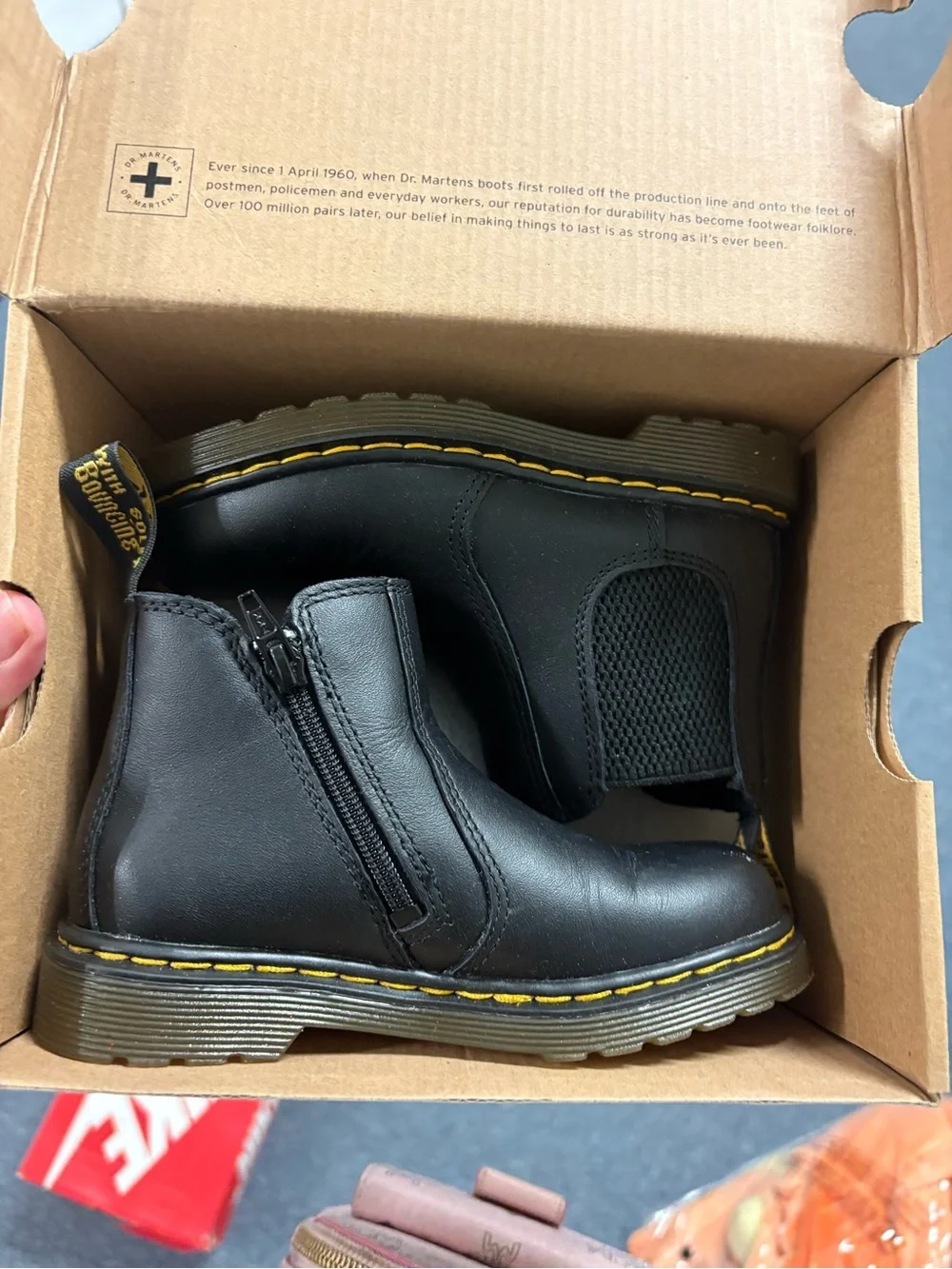 Dr. Martens Kids Black Leather Zip Chelsea Boots with Yellow Stitching