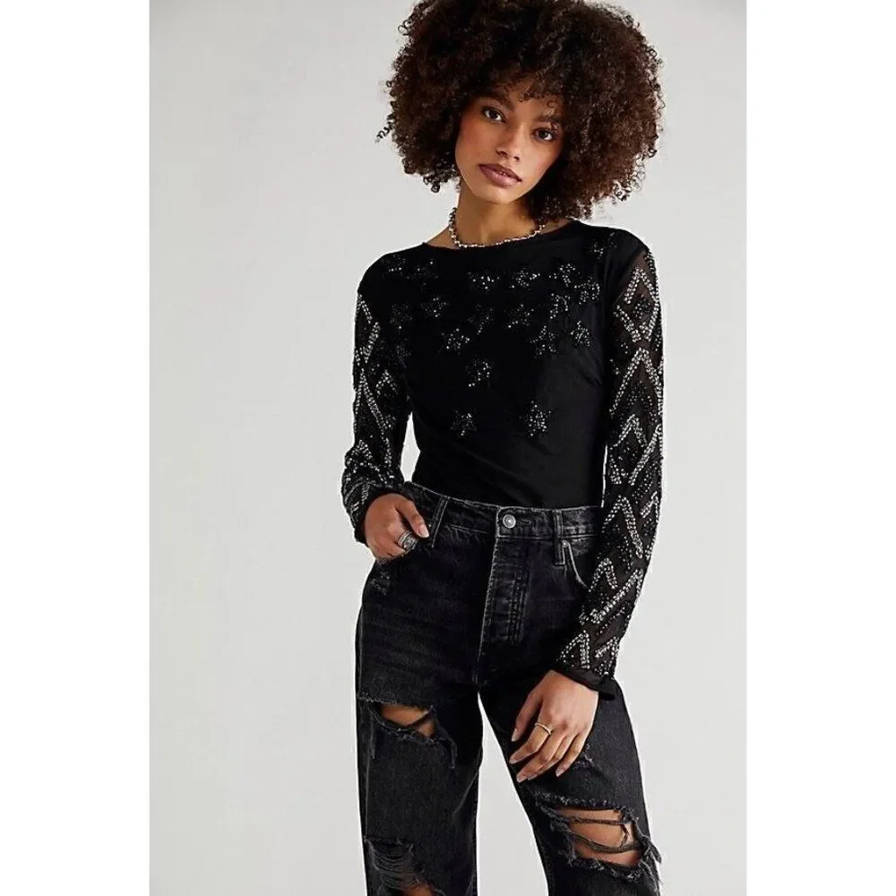 NWT FREE PEOPLE Sz M STARGAZER BODYSUIT SEQUIN EMBELLISHED MESH IN BLACK