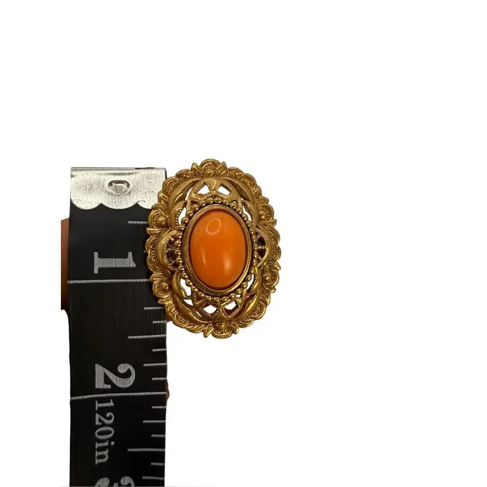 Vintage Juicy Couture Filigree Gold Tone Ring with Coral Cabochon Statement Ring
