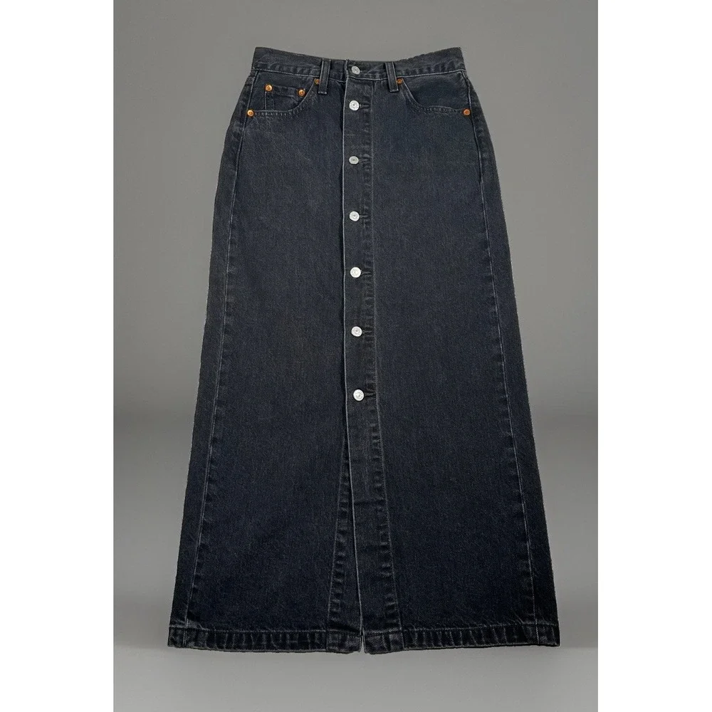 Levi's Premium Button Midi Skirt Women's 26 Black Denim Mid Rise A-Line