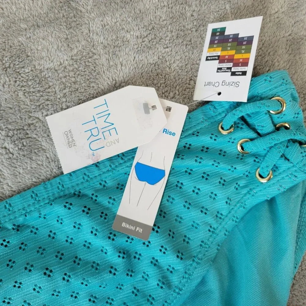 Time and Tru 2X Blue Eyelet Bikini Bottom Swimwear 20W 22W Lined Plus BLU103E