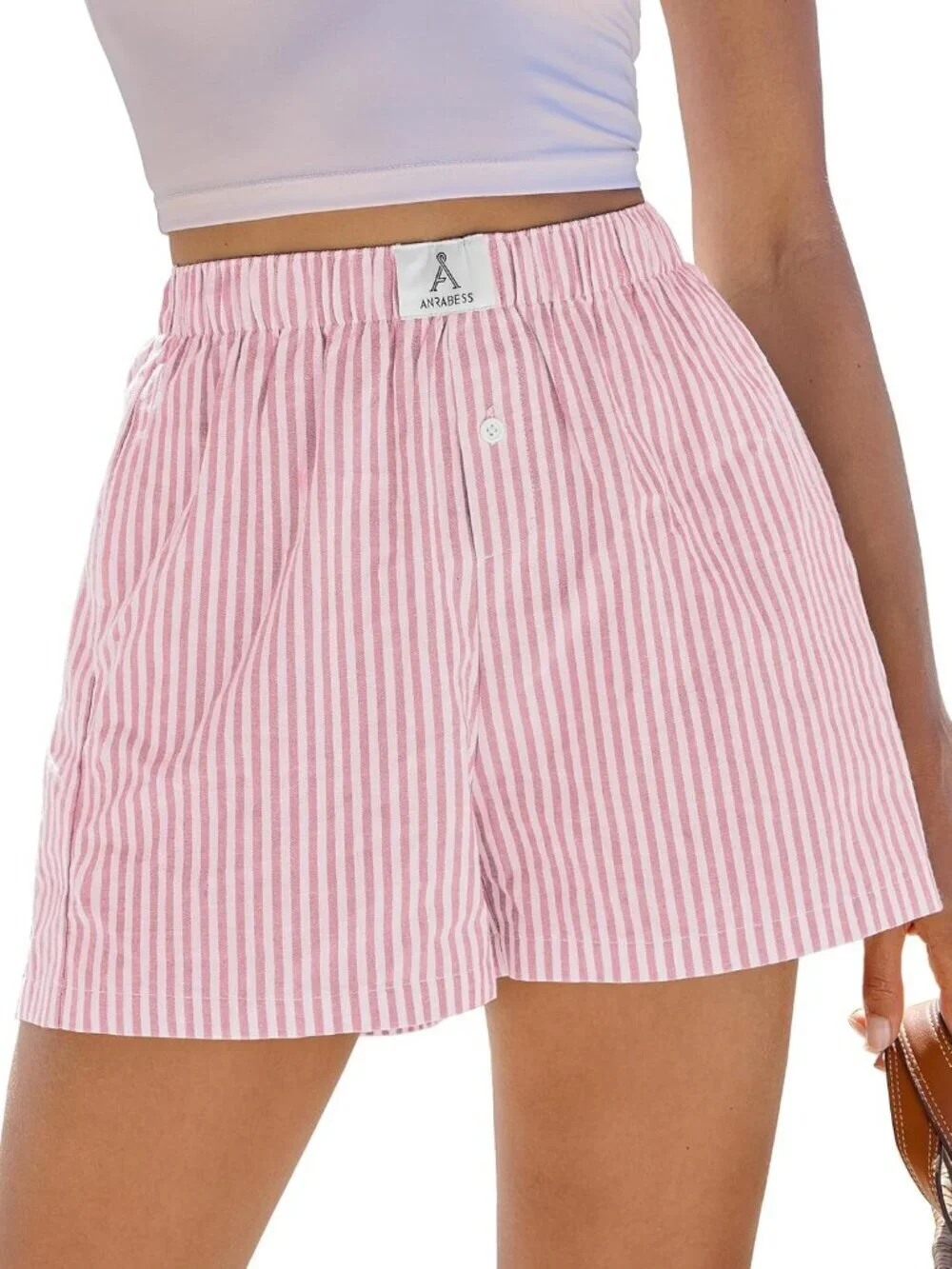 Women's Pink White Stripe Boxer Shorts for Gingham  Summer Lounge Sleep Shorts