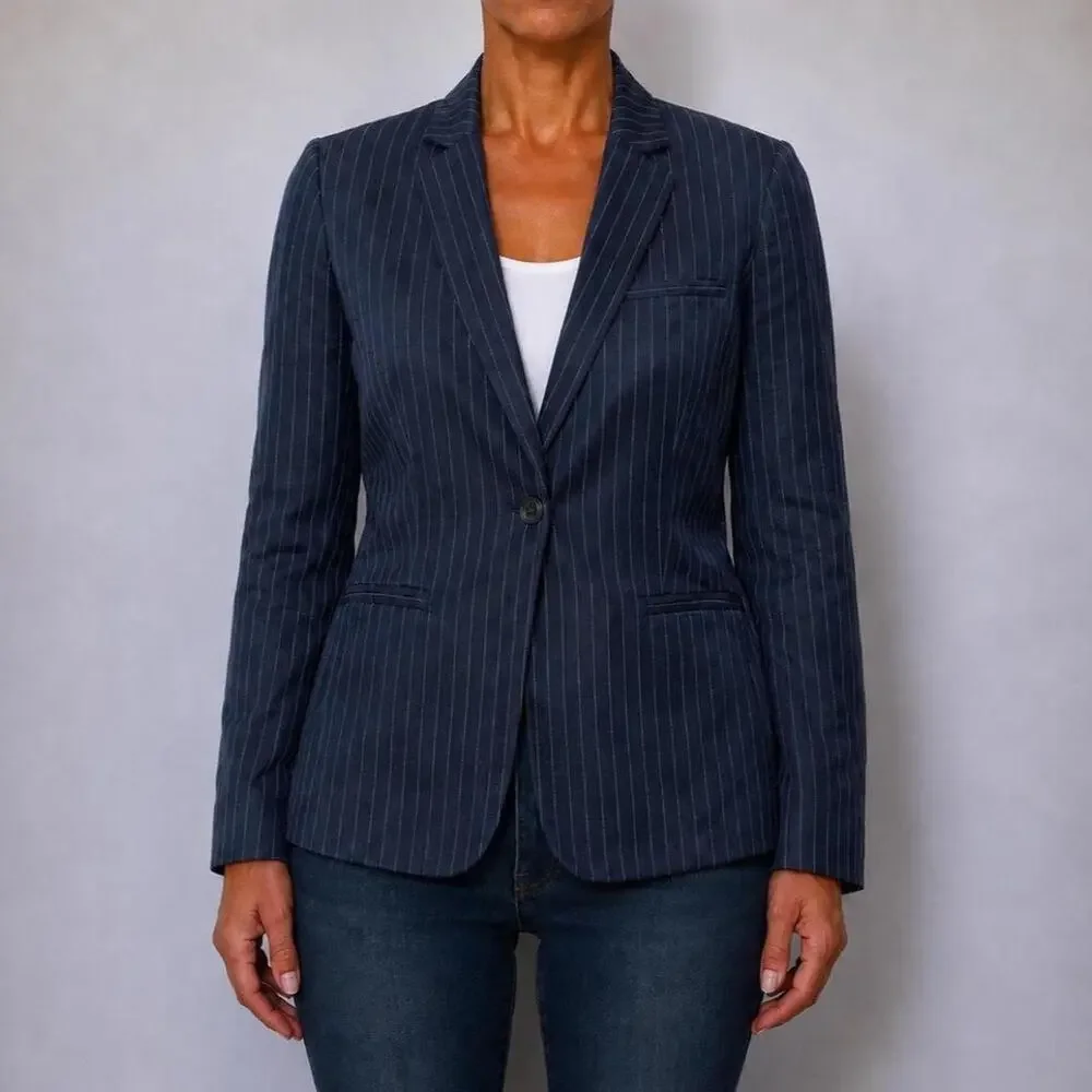 Vintage Parisian Banana Republic Navy Pinstripe Tailored Blazer Jacket Sz 6P S/M