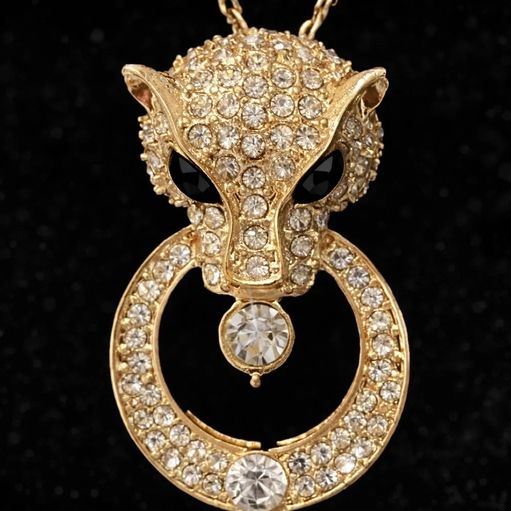 Panther Leopard Head Crystal rhinestone cz Pendant Chain Necklace Gold black