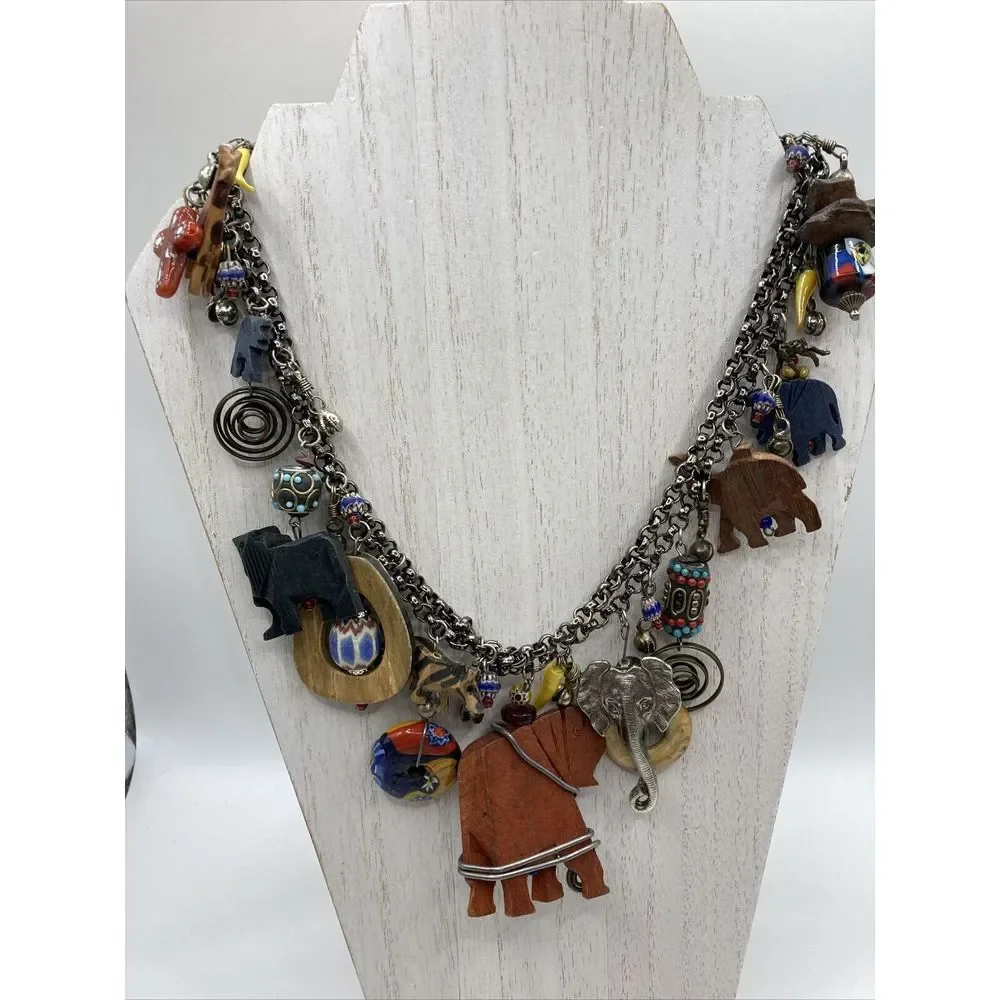 Wood‎ Carved Multi Color Bead Animal Safari Zoo Necklace Chain Bib Toggle 18