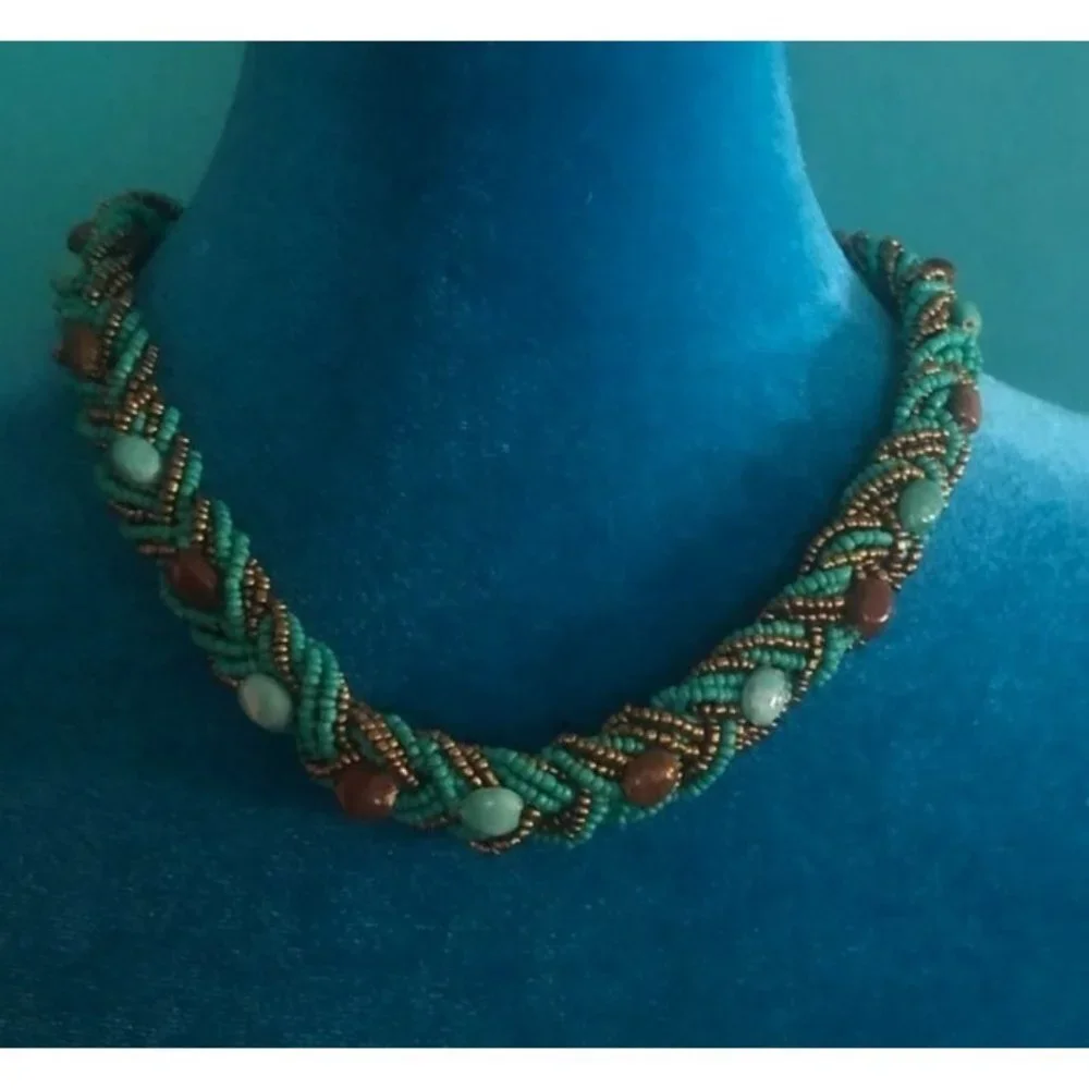 Turquoise Glass Bead Braided Necklace -- 18