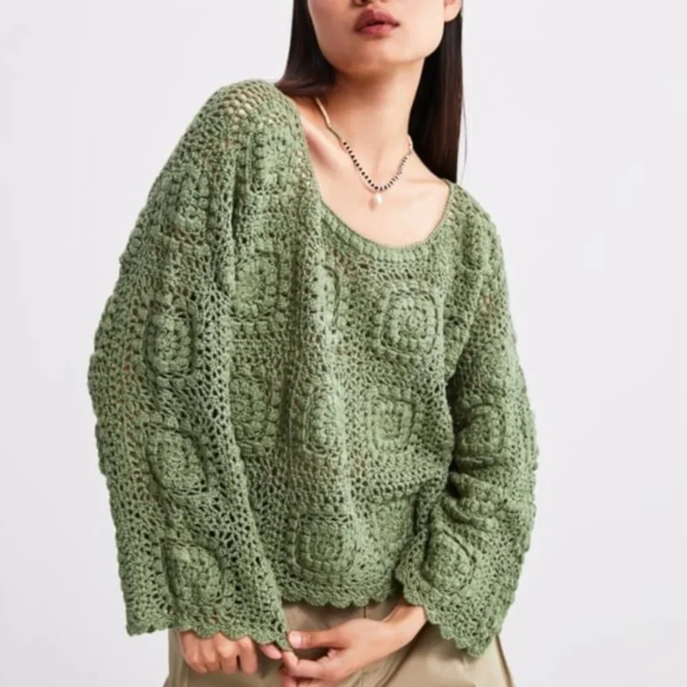Zara Moss Green Limited Edition Crocheted Scoop Neck Sweater Size Small