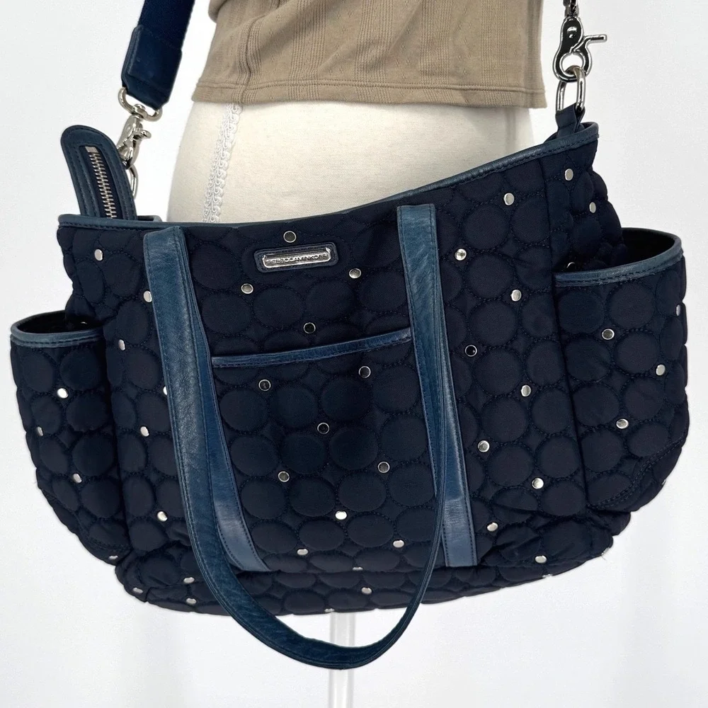 Rebecca Minkoff Diaper Bag OS Navy Quilted Studded Nylon Chic Mom Travel‎ Bag
