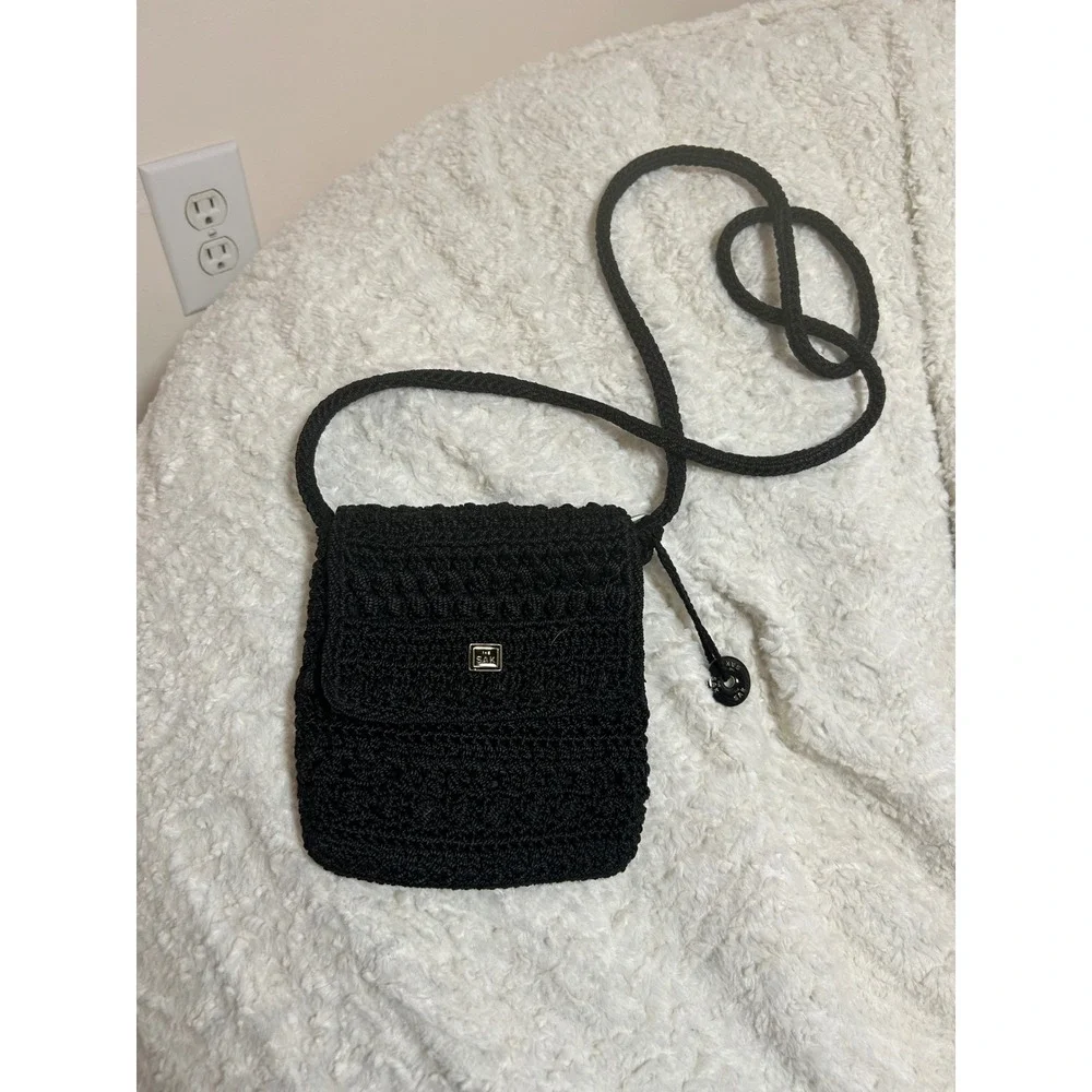 The Sak Black‎ Crochet Crossbody Bag Small Shoulder Purse With Tassel