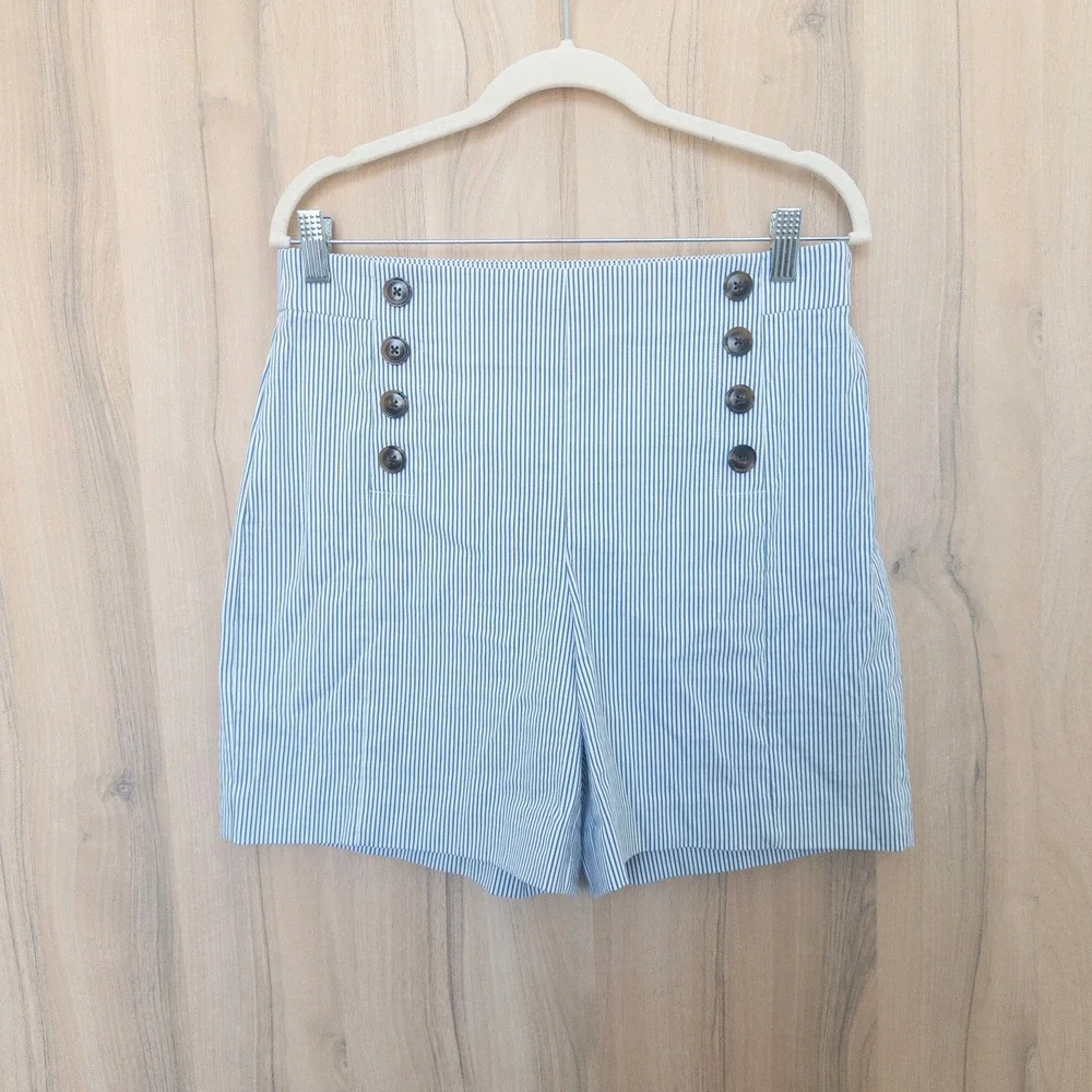 Ann Taylor Womens Striped Sailor Shorts 8 Blue High Rise‎ Button Front Nautical