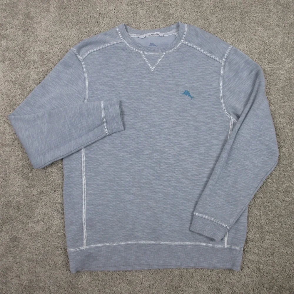 Tommy Bahama Sweater Mens Small Gray Crewneck Sweatshirt Blue Marlin Logo Raglan