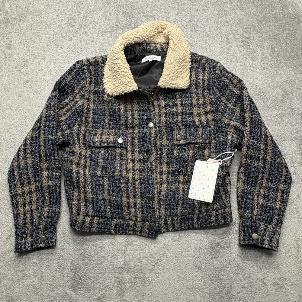 Sweet Rain‎ Jacket Womens XL Plaid Sherpa Collar Button Front Contemporary Coat