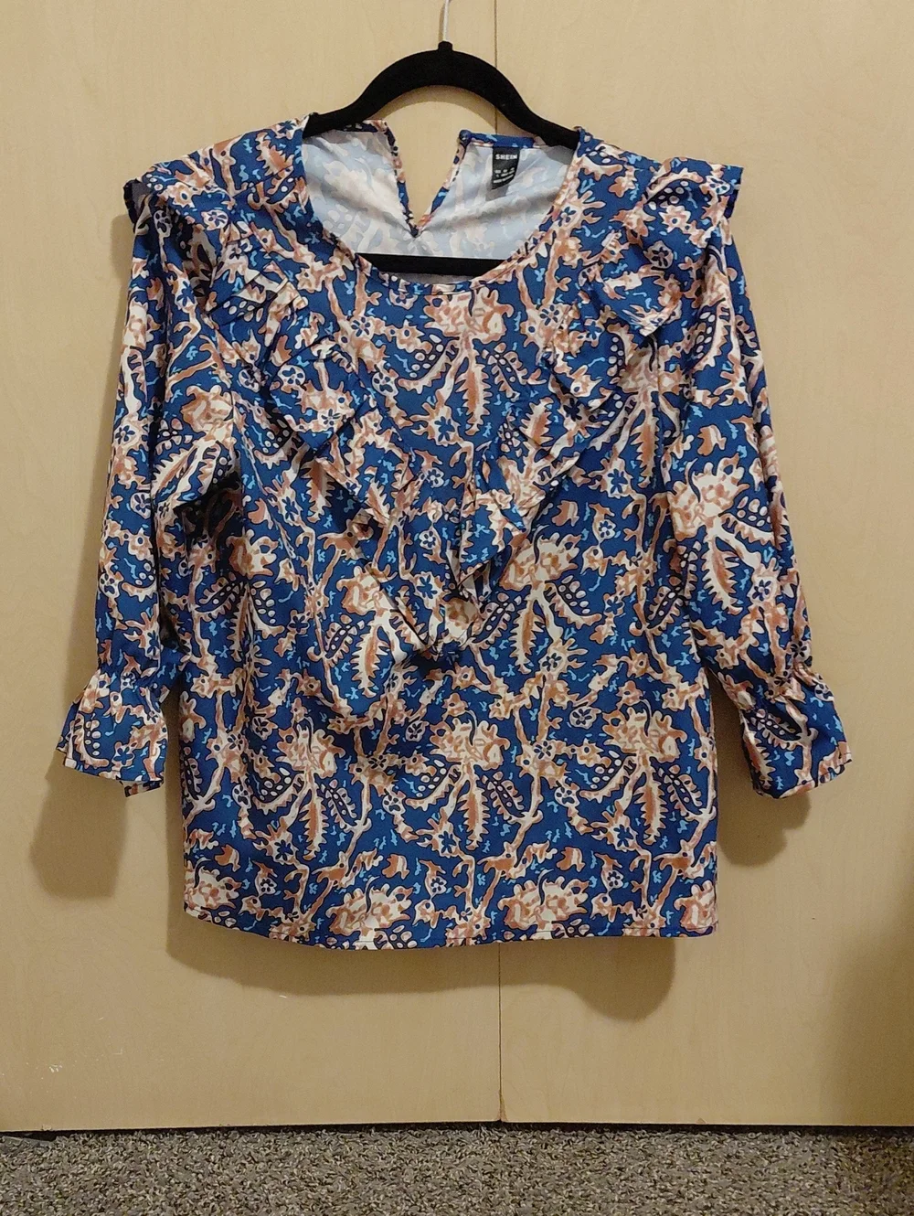 Blue Floral Ruffle-Front Women's Top