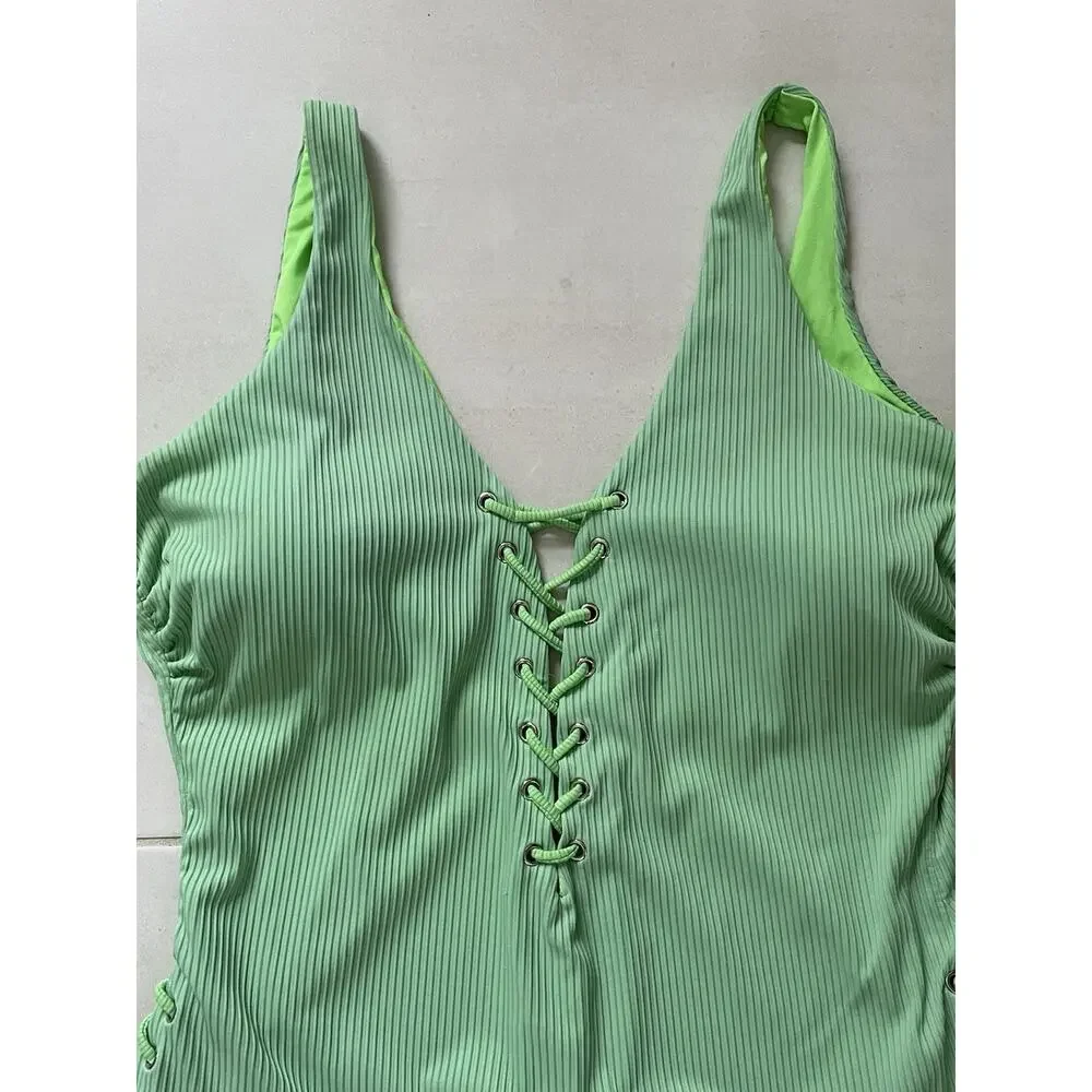 Coastal Waves Swim One Piece Swimsuit Ribbed Lace Up Swimwear