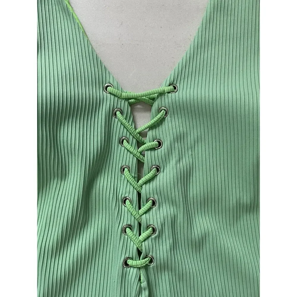 Coastal Waves Swim One Piece Swimsuit Ribbed Lace Up Swimwear