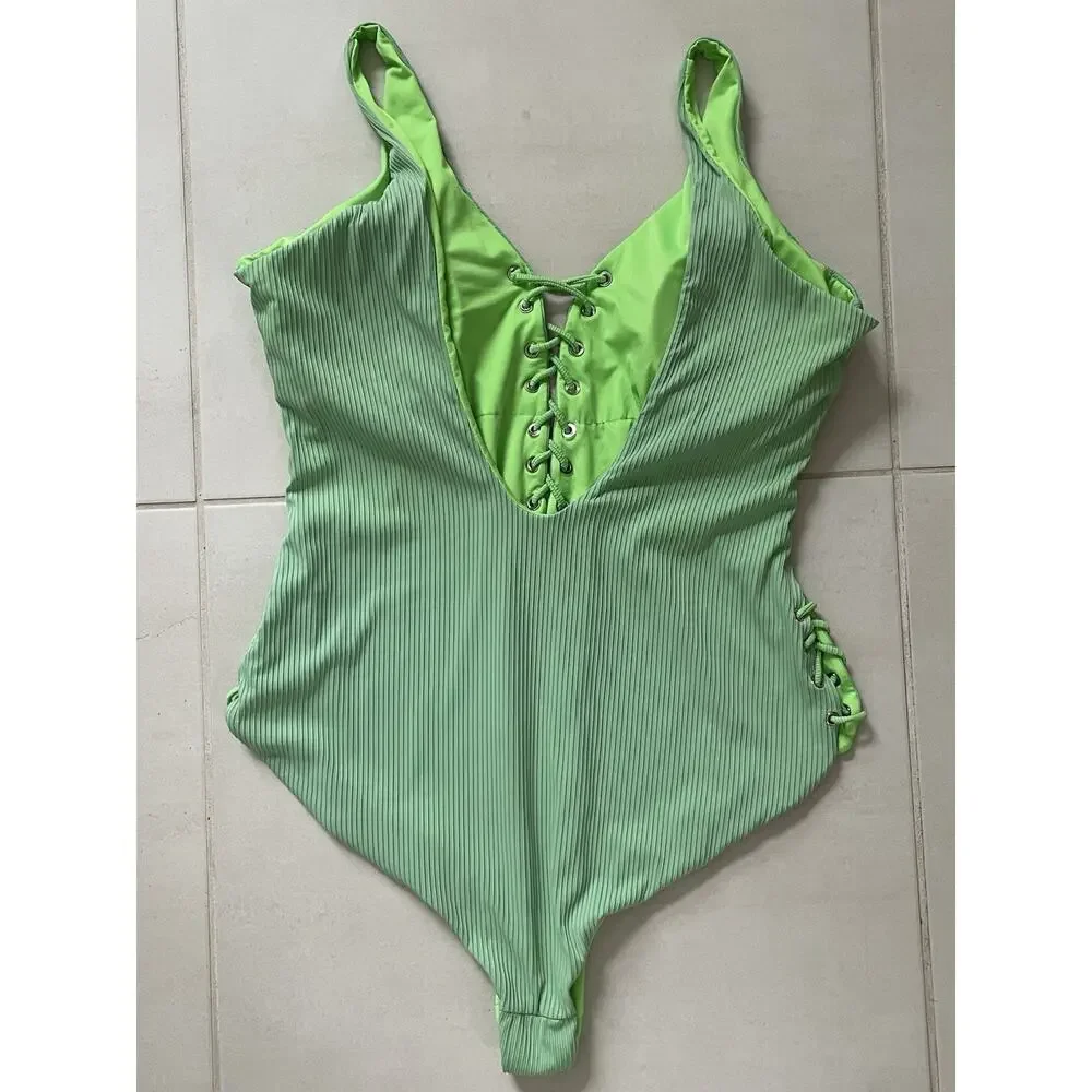 Coastal Waves Swim One Piece Swimsuit Ribbed Lace Up Swimwear