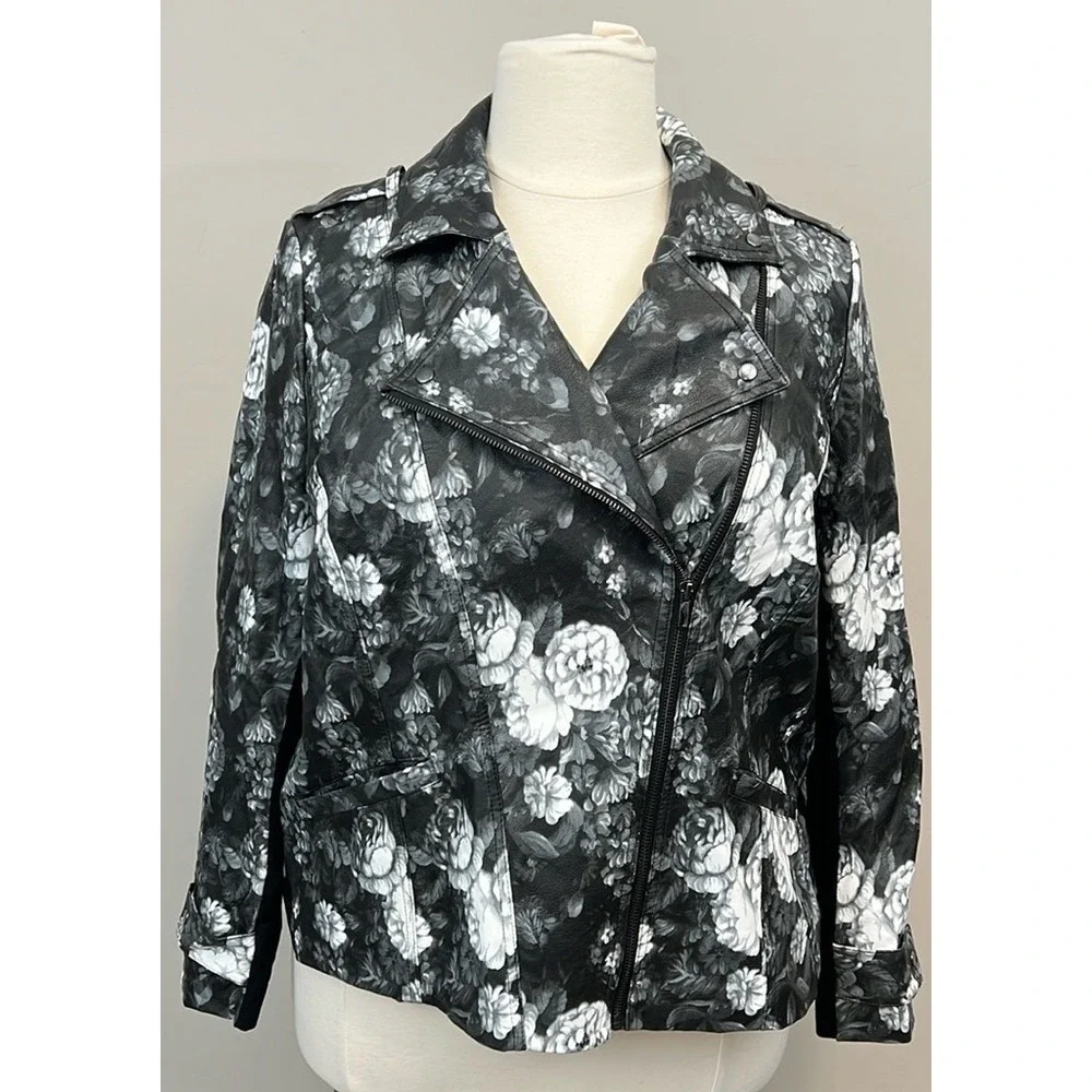 Lane Bryant Moto Jacket Black White Floral Vegan Leather Emma‎ Biker Plus 18/20