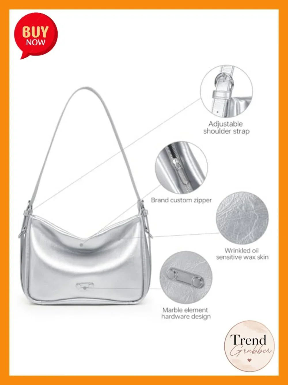 Genuine Leather Hobo Bag Medium Slouchy Shoulder Purse Adjustable Strap Silver