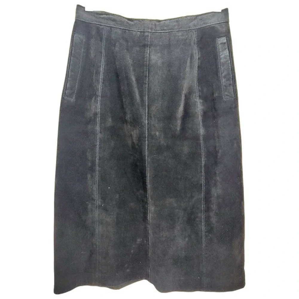 Bianca Vintage Leather Suede Pockets Back‎ Slit zip Modest Straight Midi Skirt