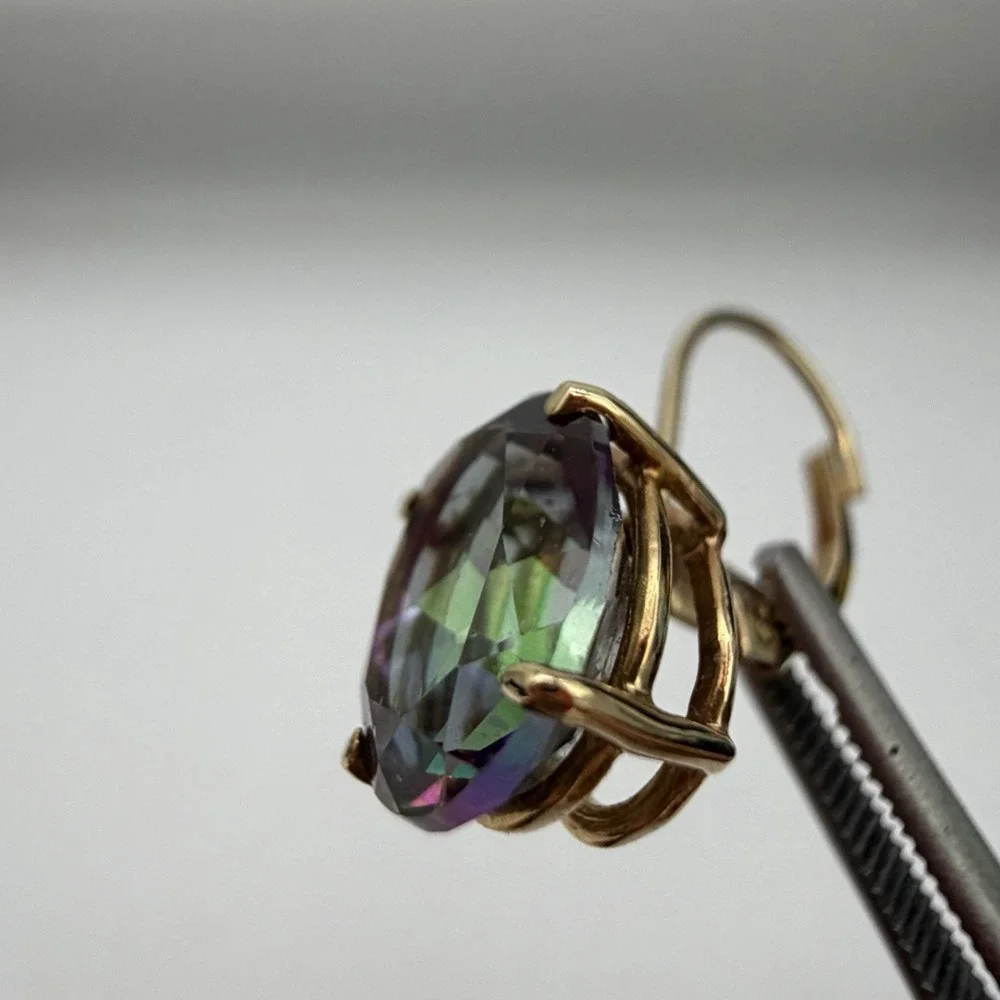 Designer 14K Yellow Gold Mystic Topaz Earrings Dangle Lever Back 8x10 Mm 2.84 Gr