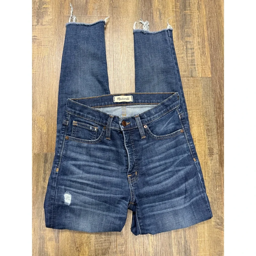Madewell High Rise Skinny Jeans Distressed Raw Hem Dark Wash H0317 Womens 27