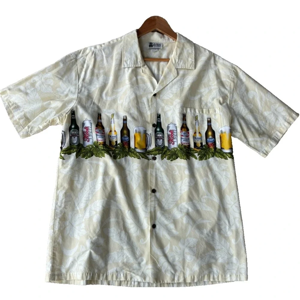 Vintage Aloha Republic Hawaiian Shirt Button XL USA Made 90s Beer Mens Beige NWT