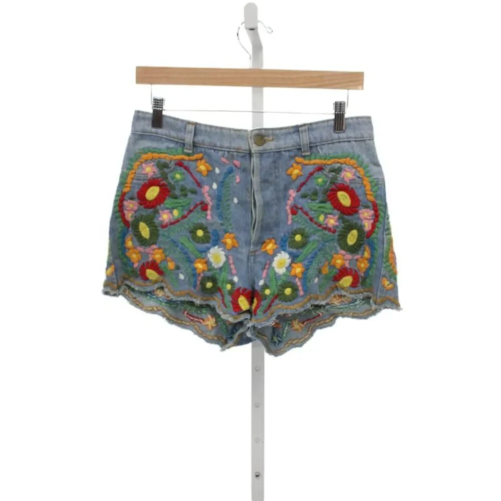 Farm Rio Womens Cut-Off Floral Cotton Shorts Blue Button Size M