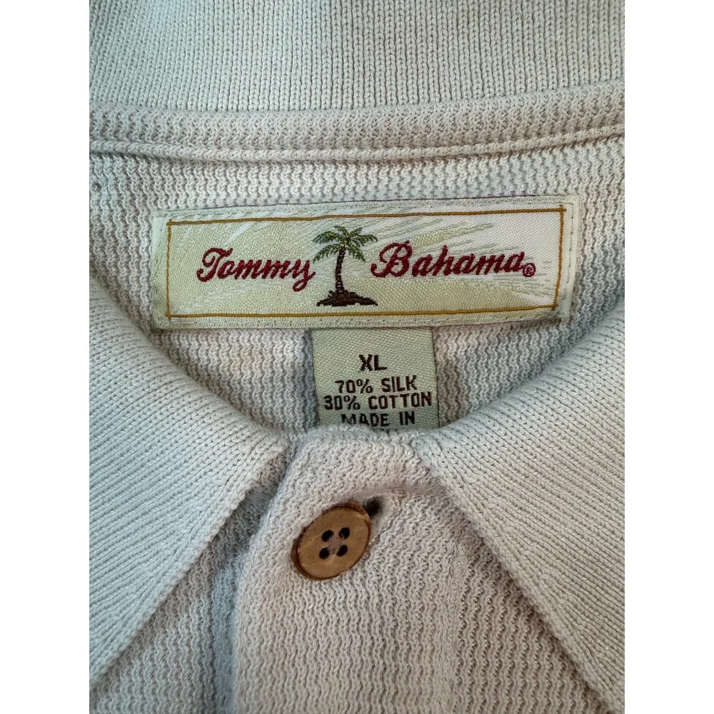 Tommy Bahama Mens XL Silk Cotton Polo Shirt‎ Cream Textured Short Sleeve Luxury
