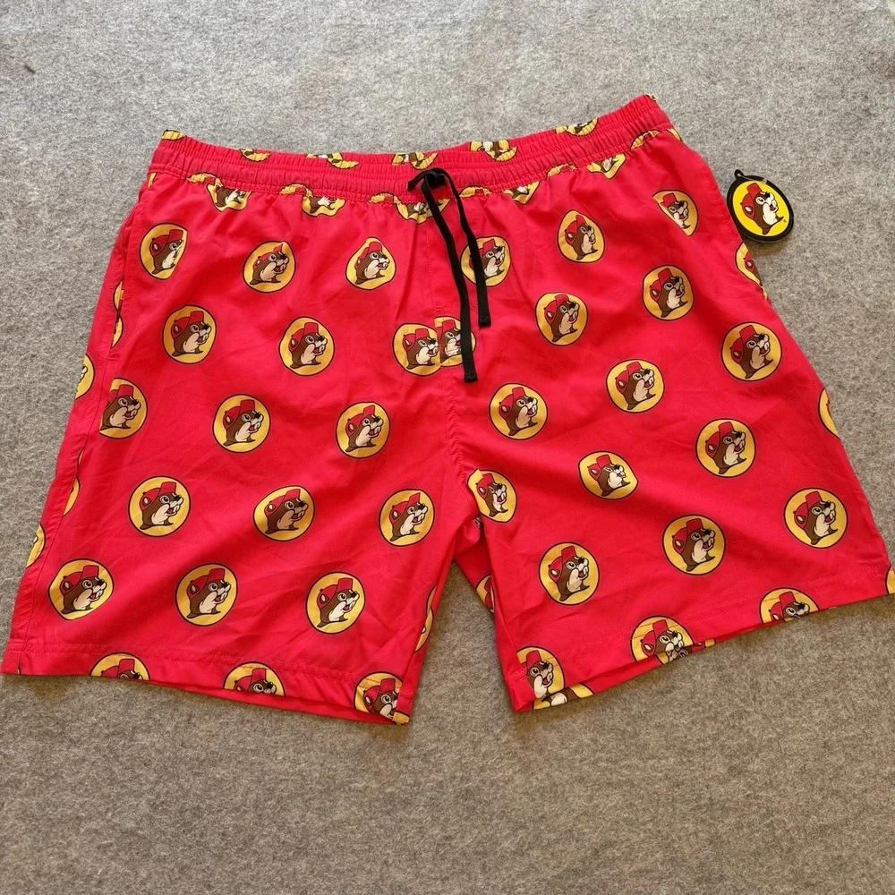 NWT Buc-ee's Men's Swim Trunks Shorts Red Yellow Beaver Logo Beach Lined Size XL