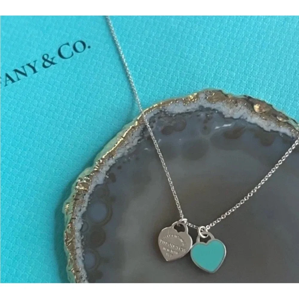 Tiffany & Co 💯% Auth 925 Silver Blue Mini Double Heart Necklace✨w/Pouch✨EUC✨