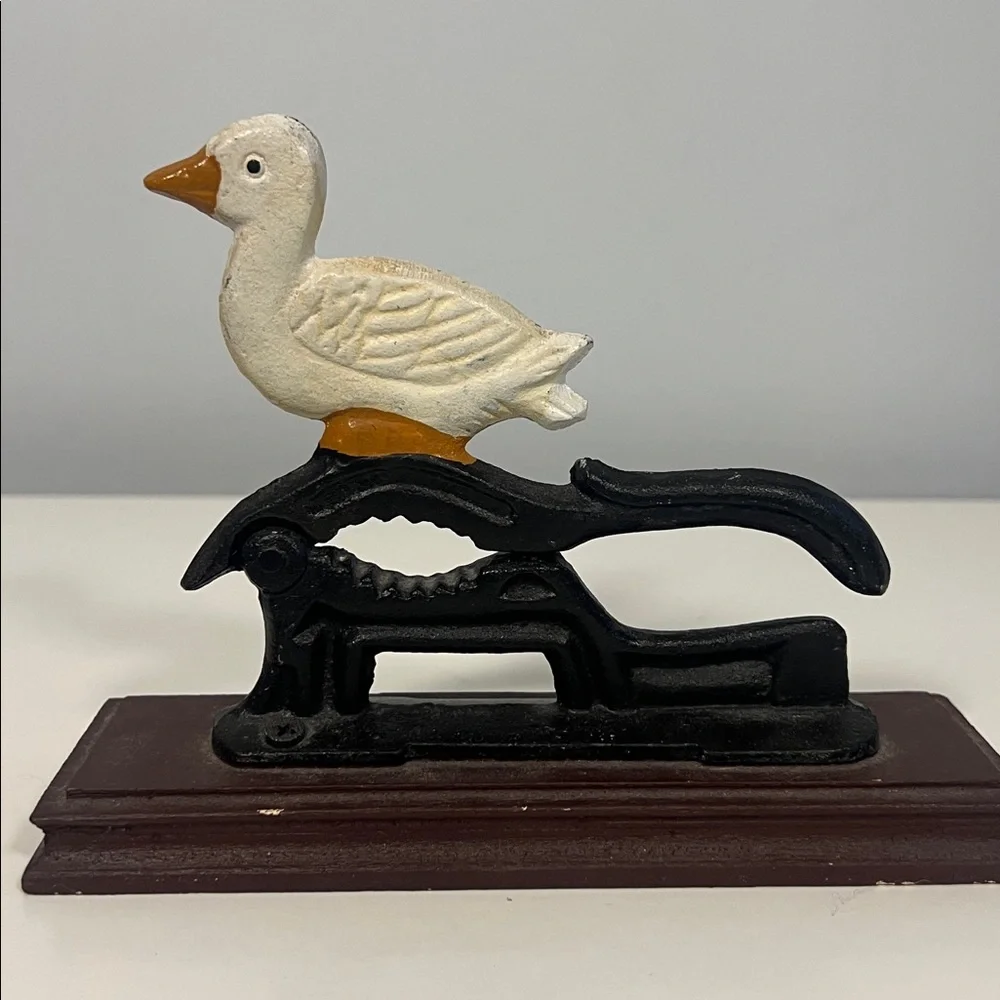 Vintage Cream Duck‎ Cast Iron Holiday Nut Cracker with Wood Base Country Home