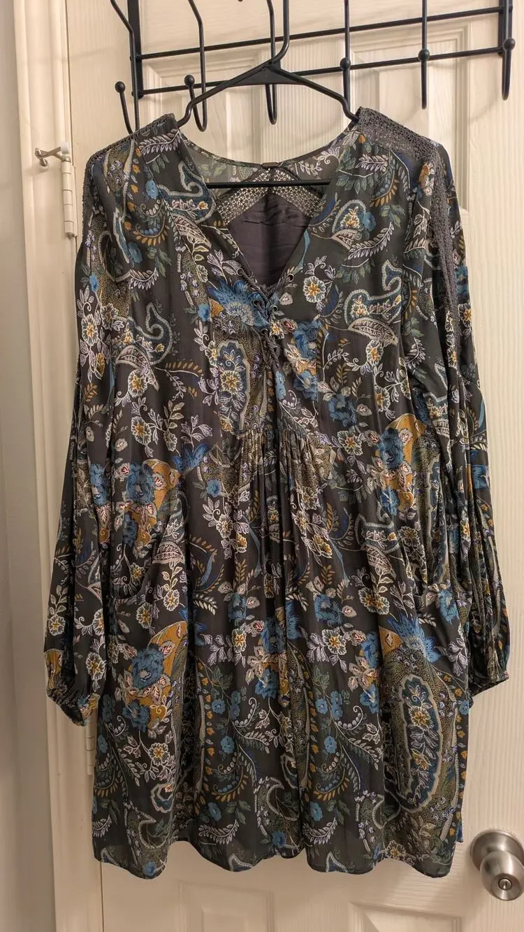 Free People Boho Paisley Floral Crochet Tunic Dress – Long Sleeve, Pockets