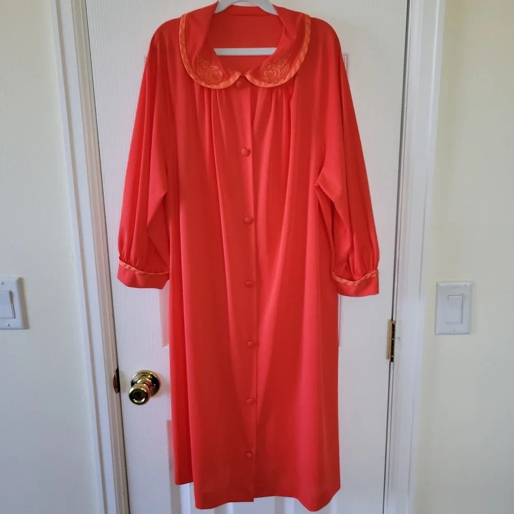 Nylon Robe Satin Trim‎ M Orange 3/4 Sleeve Gossard Artemis Button Front Vintage
