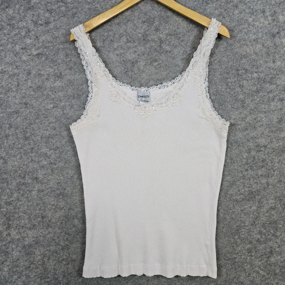 Chico's Women's Pale Pink Tank Top‎ Size 3 (XL) Lace Trim Beaded Sequined Ribbed