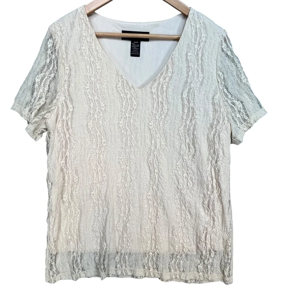 Venezia Lace Overlay V-Neck Short Sleeve Stretch‎ Top Cream 14/16