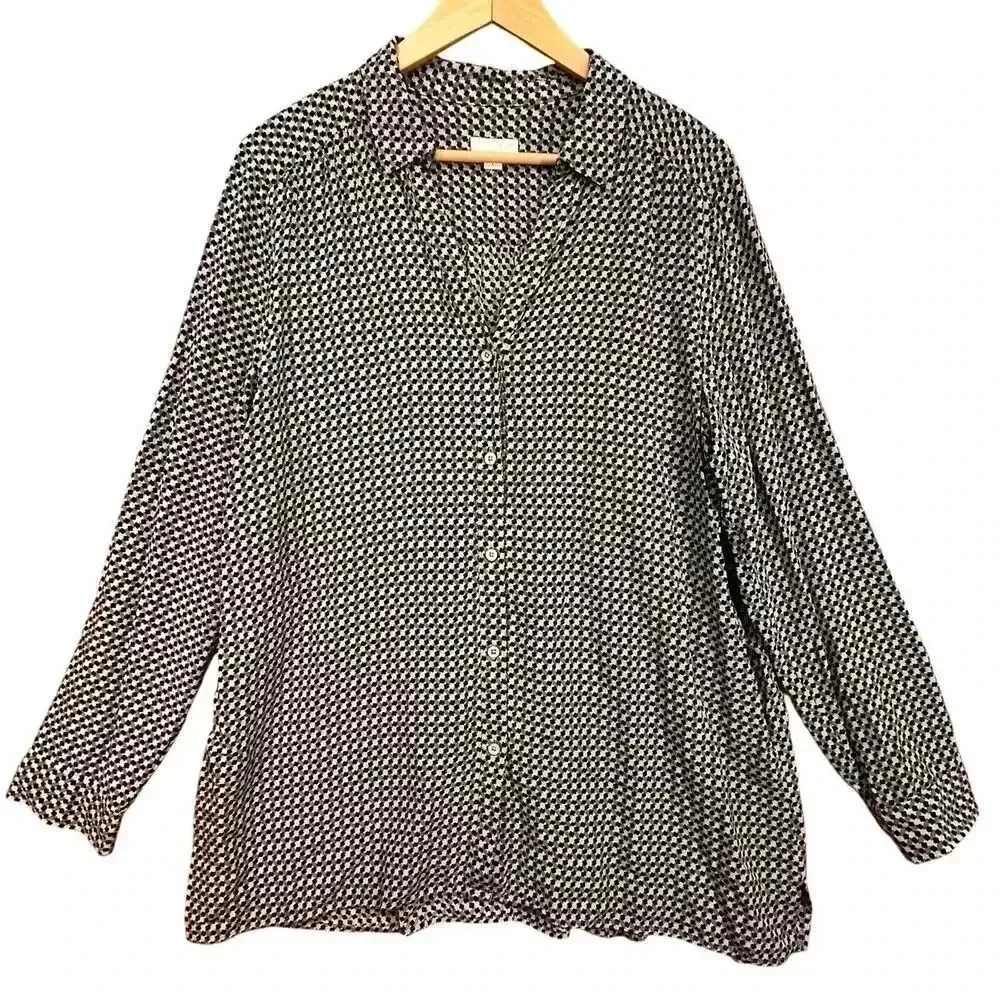 J Jill Women’s Gray Black Button Up Shirt Long Sleeve Rayon Career‎ Casual Large