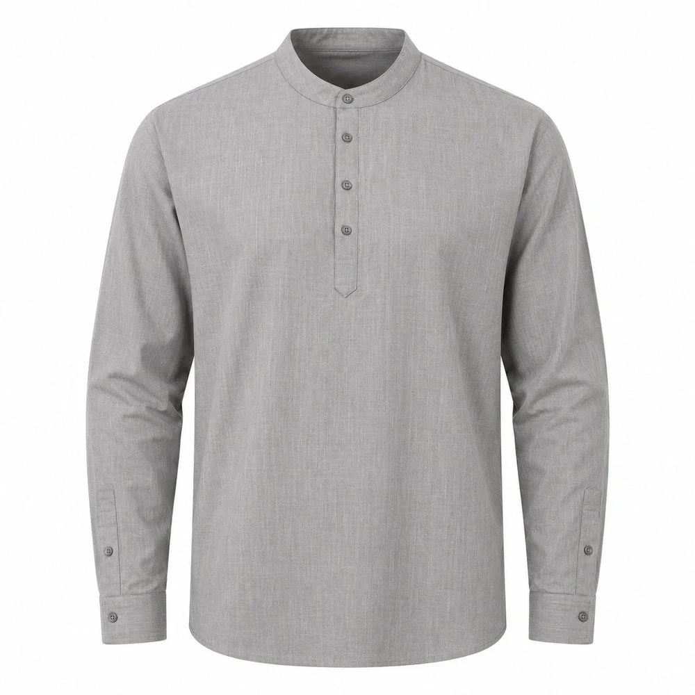 COOFANDY Henley Shirt Mens XXL Grey‎ Cotton Hemp Band Collar Slub Long Sleeve