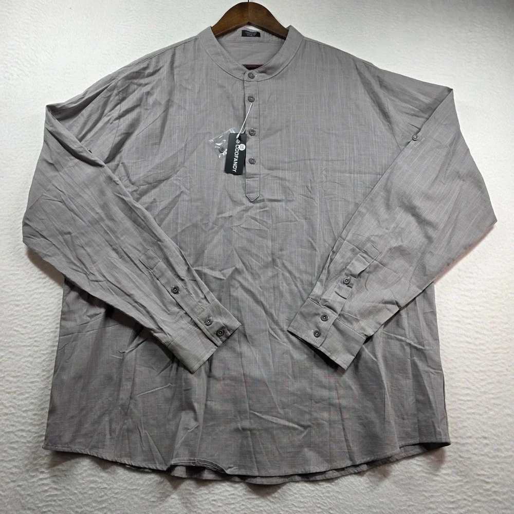 COOFANDY Henley Shirt Mens XXL Grey‎ Cotton Hemp Band Collar Slub Long Sleeve