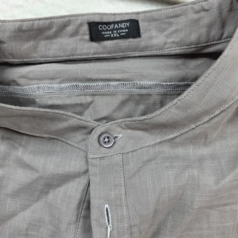 COOFANDY Henley Shirt Mens XXL Grey‎ Cotton Hemp Band Collar Slub Long Sleeve