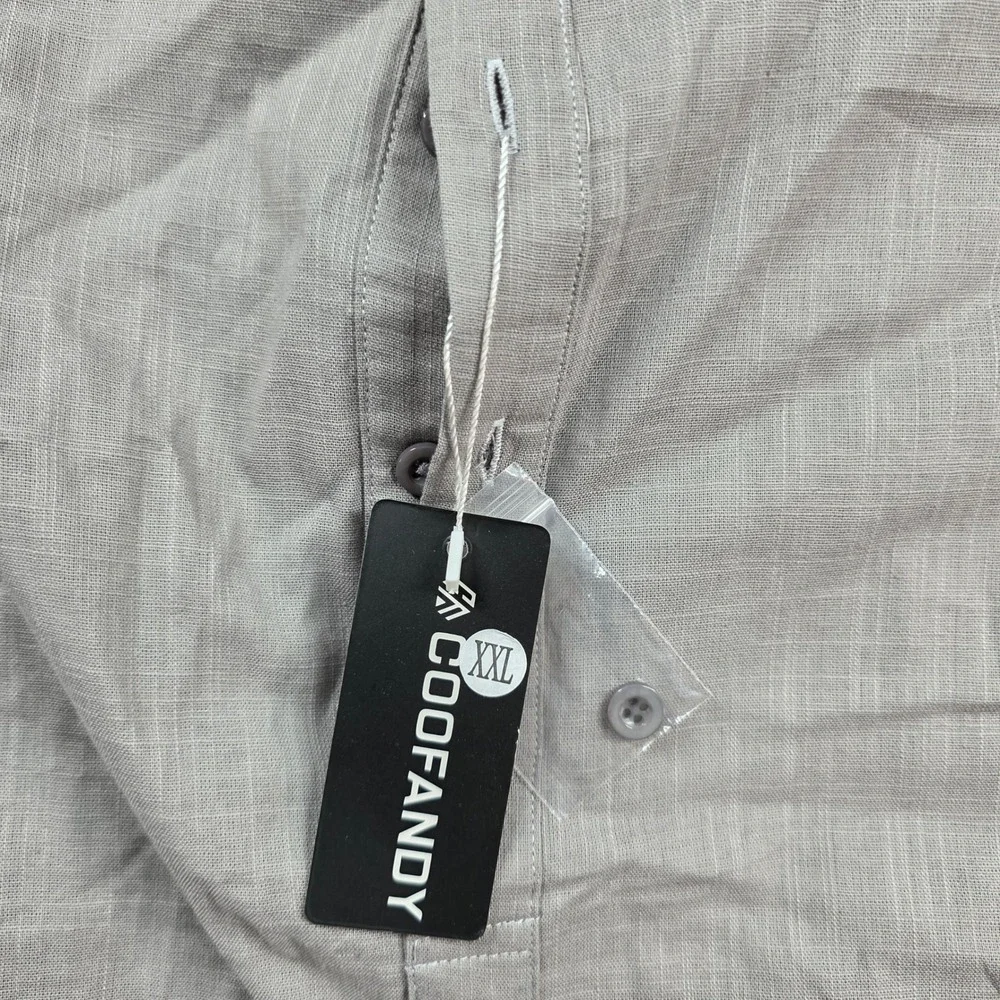 COOFANDY Henley Shirt Mens XXL Grey‎ Cotton Hemp Band Collar Slub Long Sleeve
