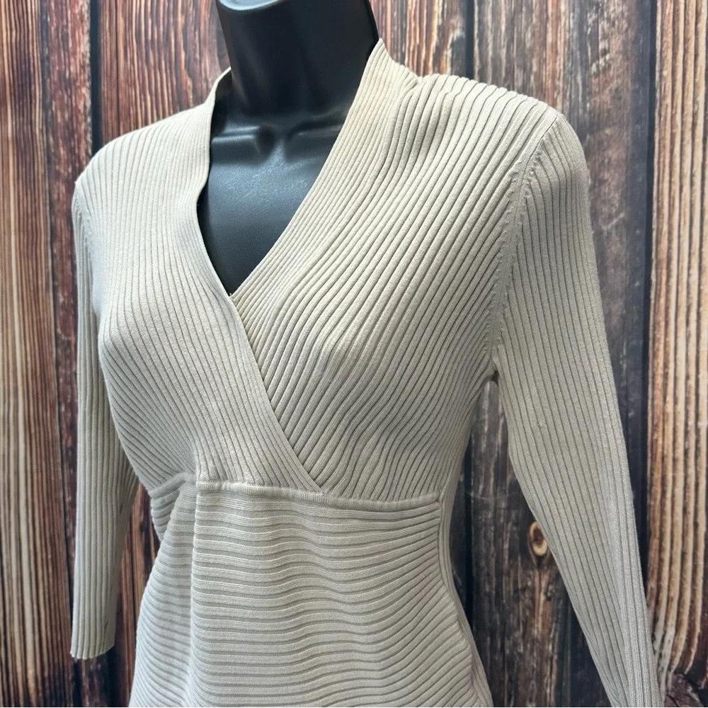 Viscose & Silk August‎ Silk Knits Latte Ribbed Crisscross Top 3/4 Sleeves Size L