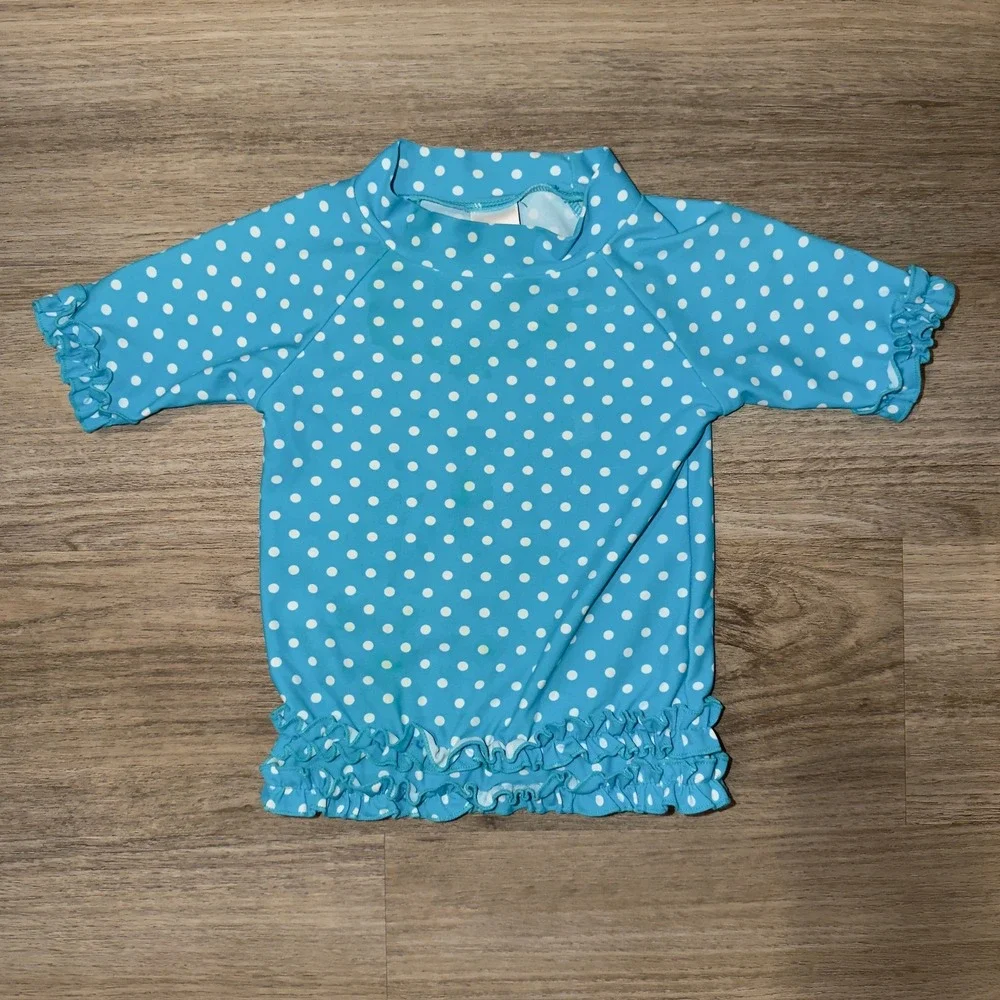 Ruffle Butts Baby Girls Blue‎ Polka Dot Rash Guard Swim Top 18-24 Months
