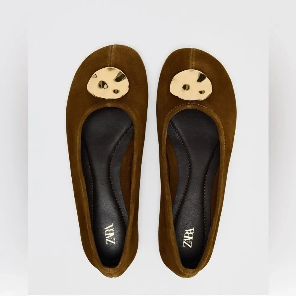 ZARA SUEDE gold buckle flats
