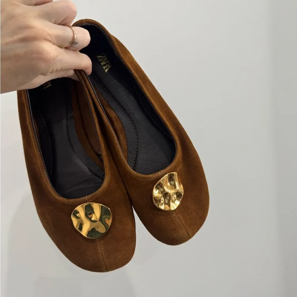 ZARA SUEDE gold buckle flats