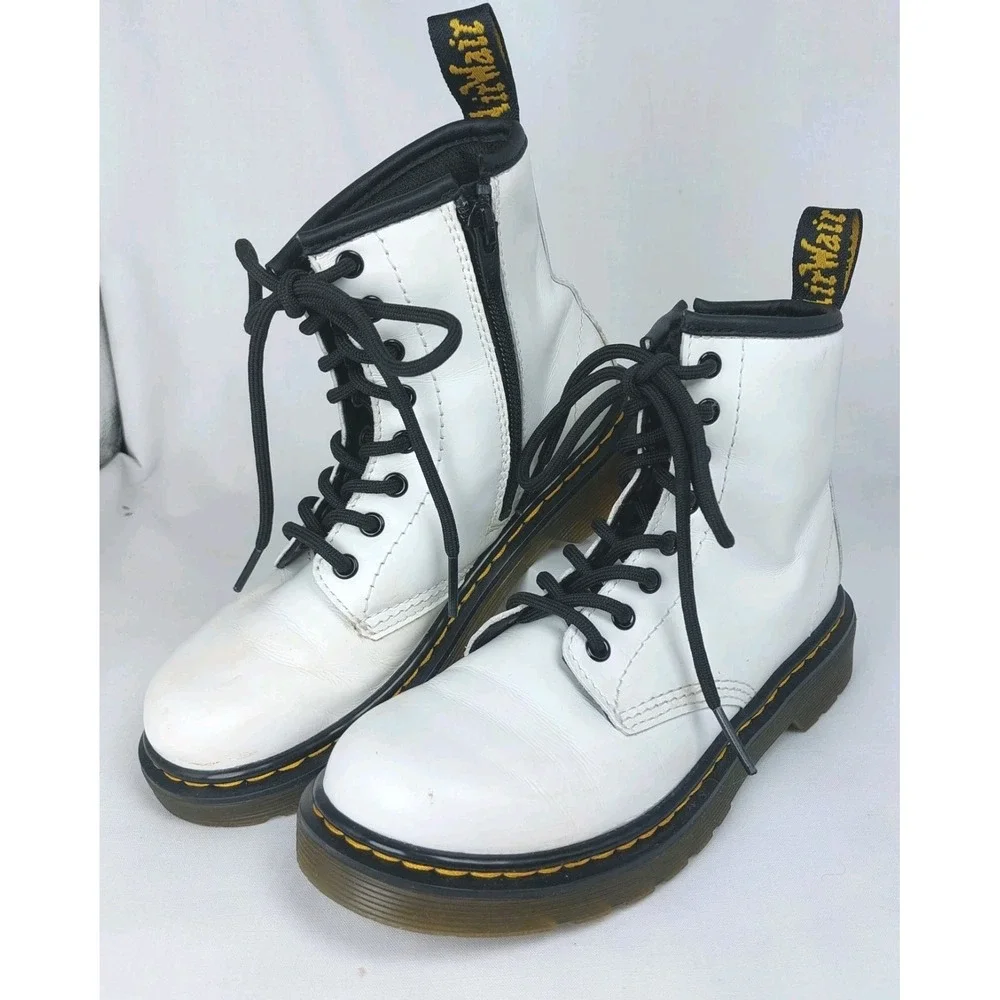Doc Martens Air Wair 1460J Girls Combat Boots White Lace-Up Side Zip‎ Sz 1 *READ