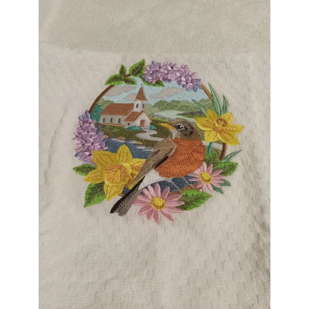 Embroidered Kitchen Towel Robin Bird Church Floral Cottagecore Decor‎