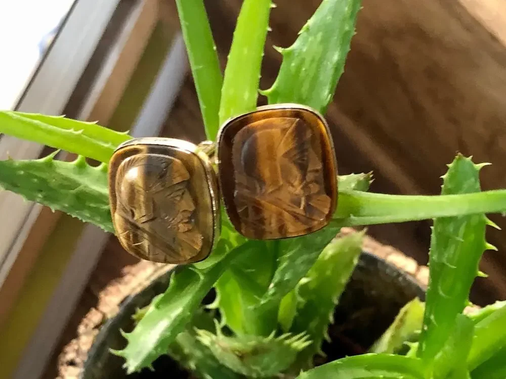 Vintage Lamode 10K Gold Filled, Carved Tigereye Brown Stone Warrior Cufflinks