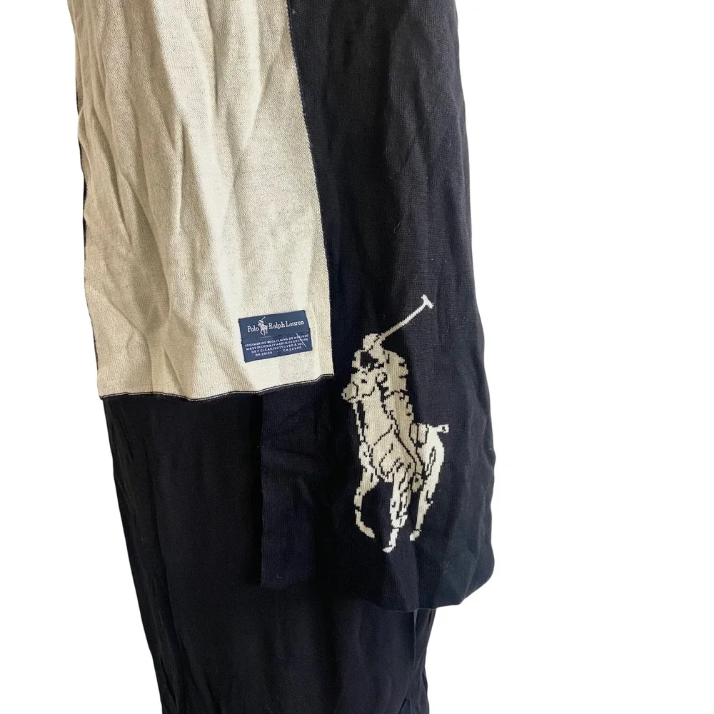 Polo Ralph Lauren Merino Wool Scarf Black Cream Big Pony Logo 9x72 Reversible