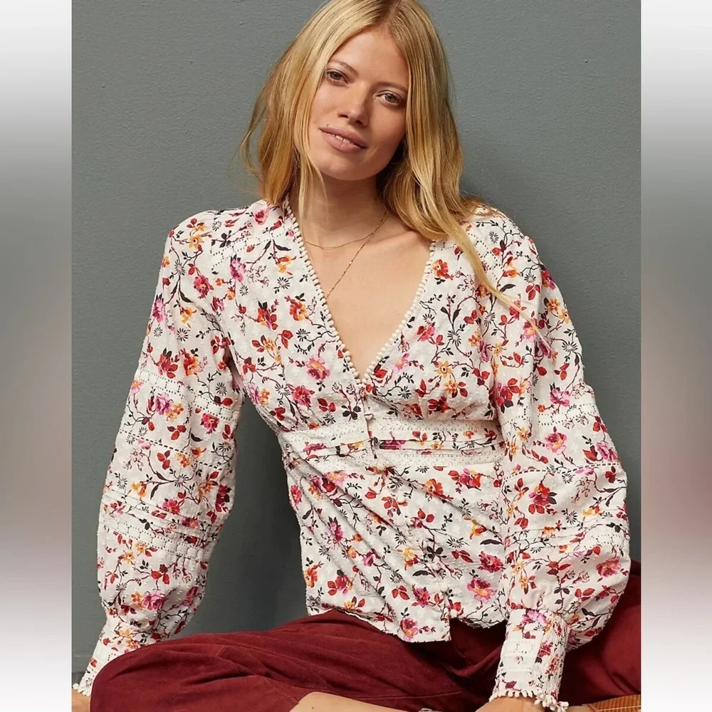Anthropologie Floral Puff‎ Sleeve Blouse
